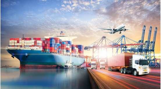 Container ship, cargo aircraft and freight truck at a port